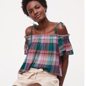 🥑5/$25 Ann Taylor LOFT Small S Green Pink Plaid Off The‎ Shoulder Top Blouse